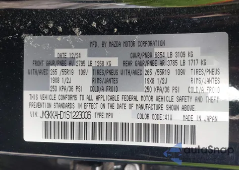 2025 Mazda Cx-90 3.3 Turbo Select Package z USA, uszkodzony, nr VIN JM3KKAHD1S1223006